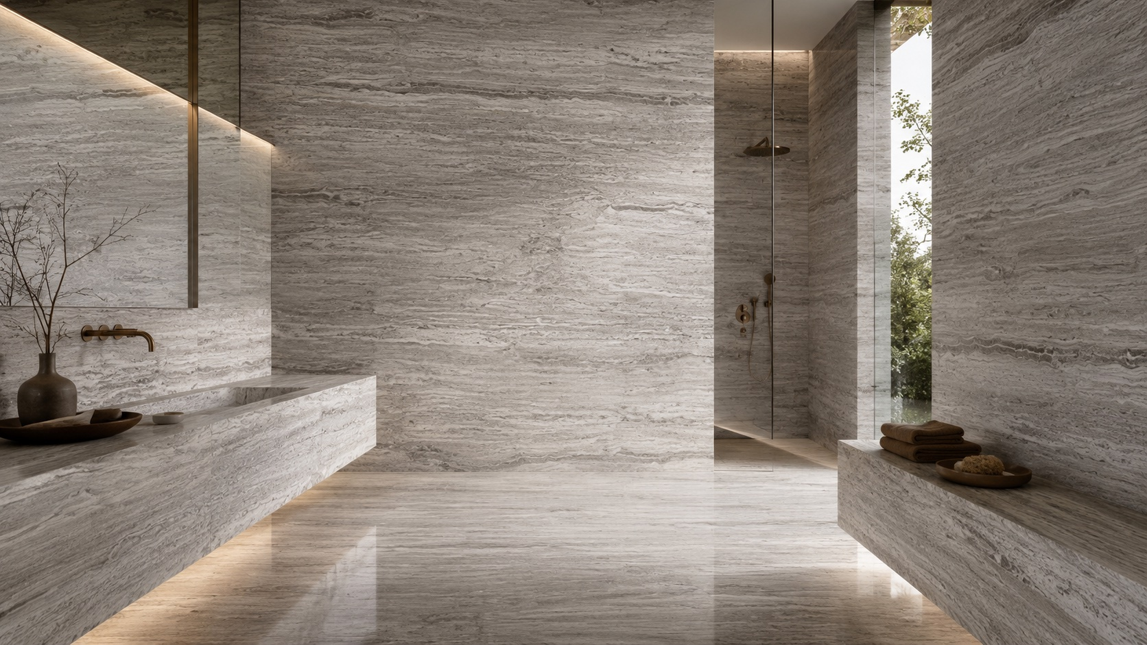 Minimalist bathroom with extensive use of grey, horizontally-veined stone tiles