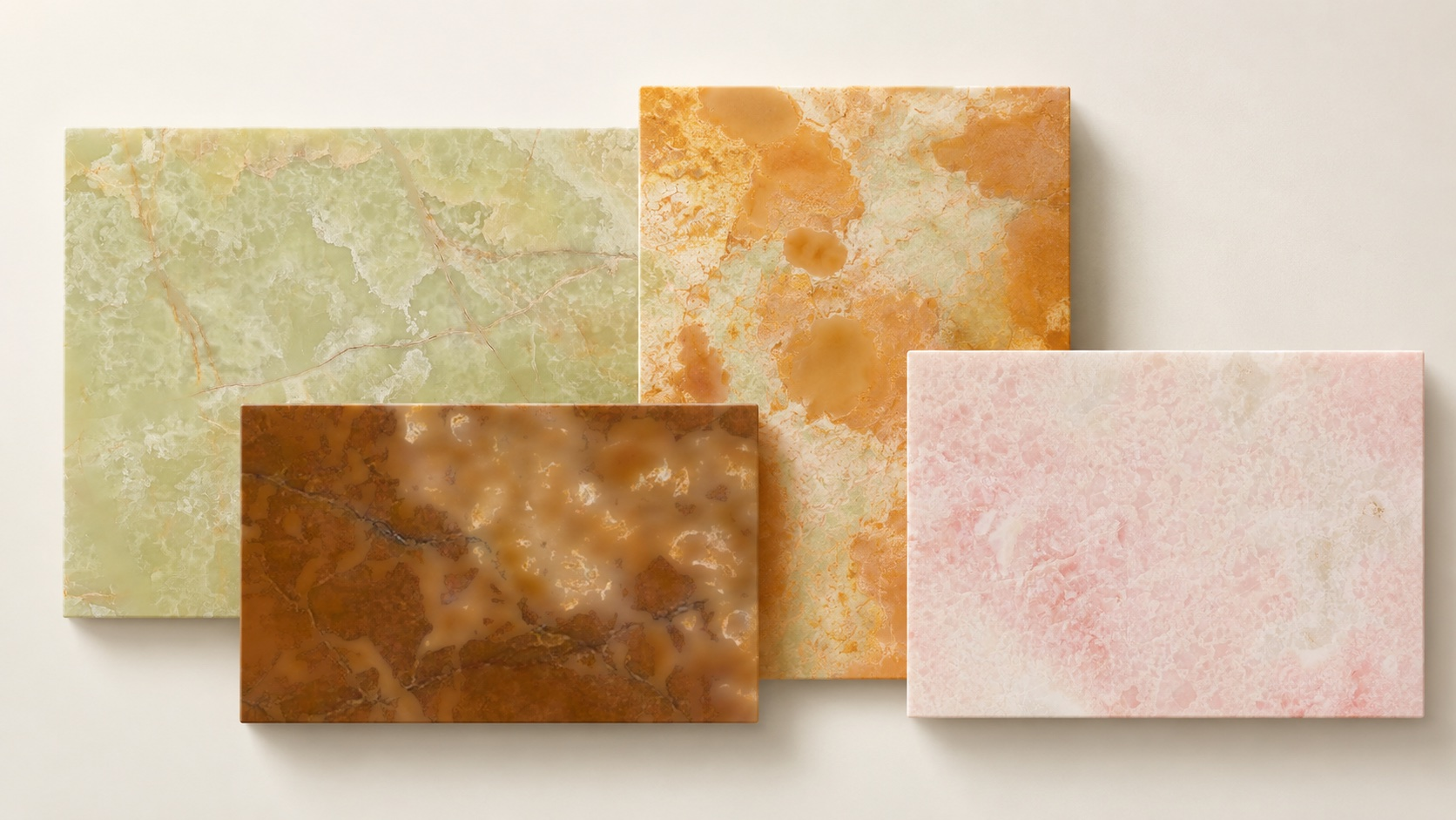 Four rectangular stone slabs in a variety of natural colors including soft green, golden amber, deep brown, and pale pink arranged in an overlapping composition